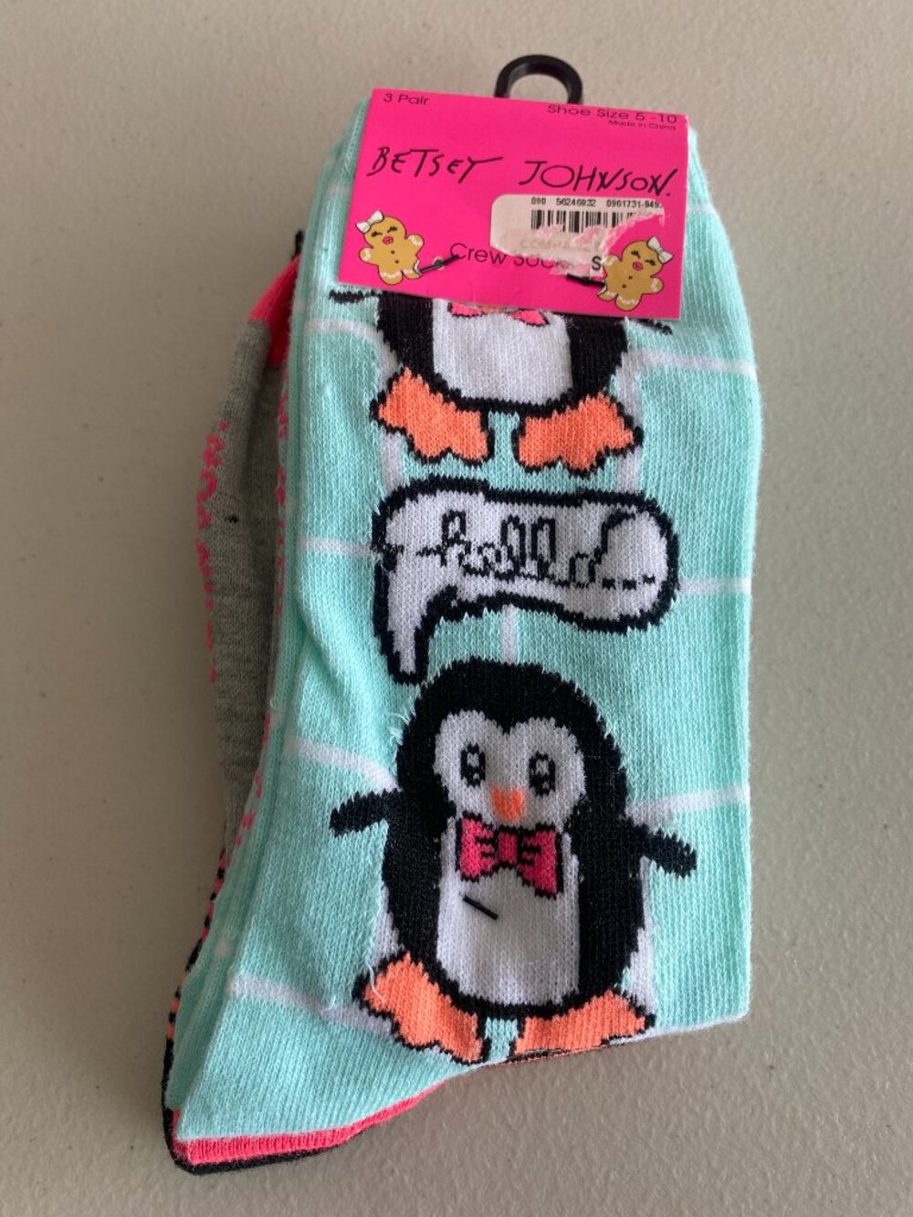 Betsy Johnson Crew Socks Shoe Size 5-10 Penguin/ multi color (Set Of 3)